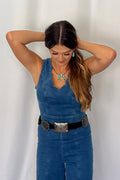 Rosie Scalloped Neckline Washed Denim Flying Tomato Western Jumpsuit — Wide-Leg with Banded Sash Belt & Back Zipper (small remains)