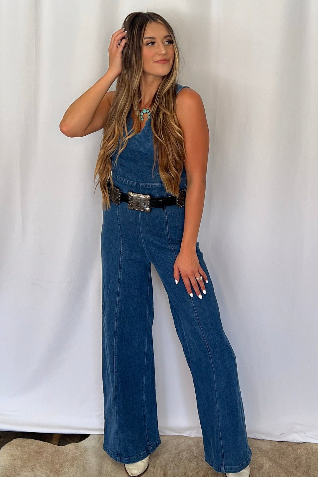 Rosie Scalloped Neckline Washed Denim Flying Tomato Western Jumpsuit — Wide-Leg with Banded Sash Belt & Back Zipper (small remains)