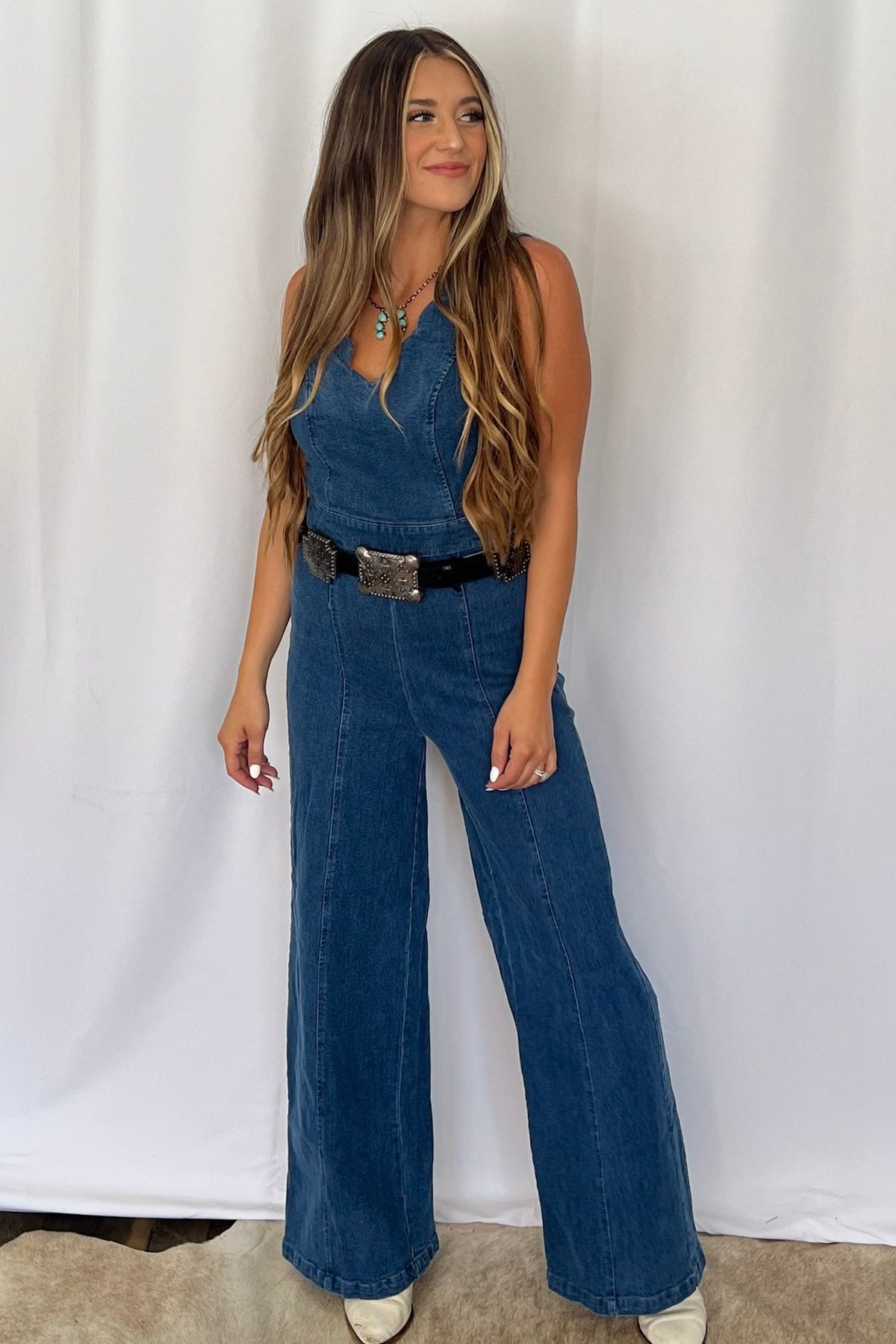 Rosie Scalloped Neckline Washed Denim Flying Tomato Western Jumpsuit — Wide-Leg with Banded Sash Belt & Back Zipper (small remains)