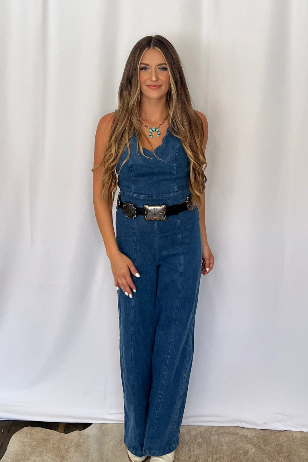 Rosie Scalloped Neckline Washed Denim Flying Tomato Western Jumpsuit — Wide-Leg with Banded Sash Belt & Back Zipper (small remains)