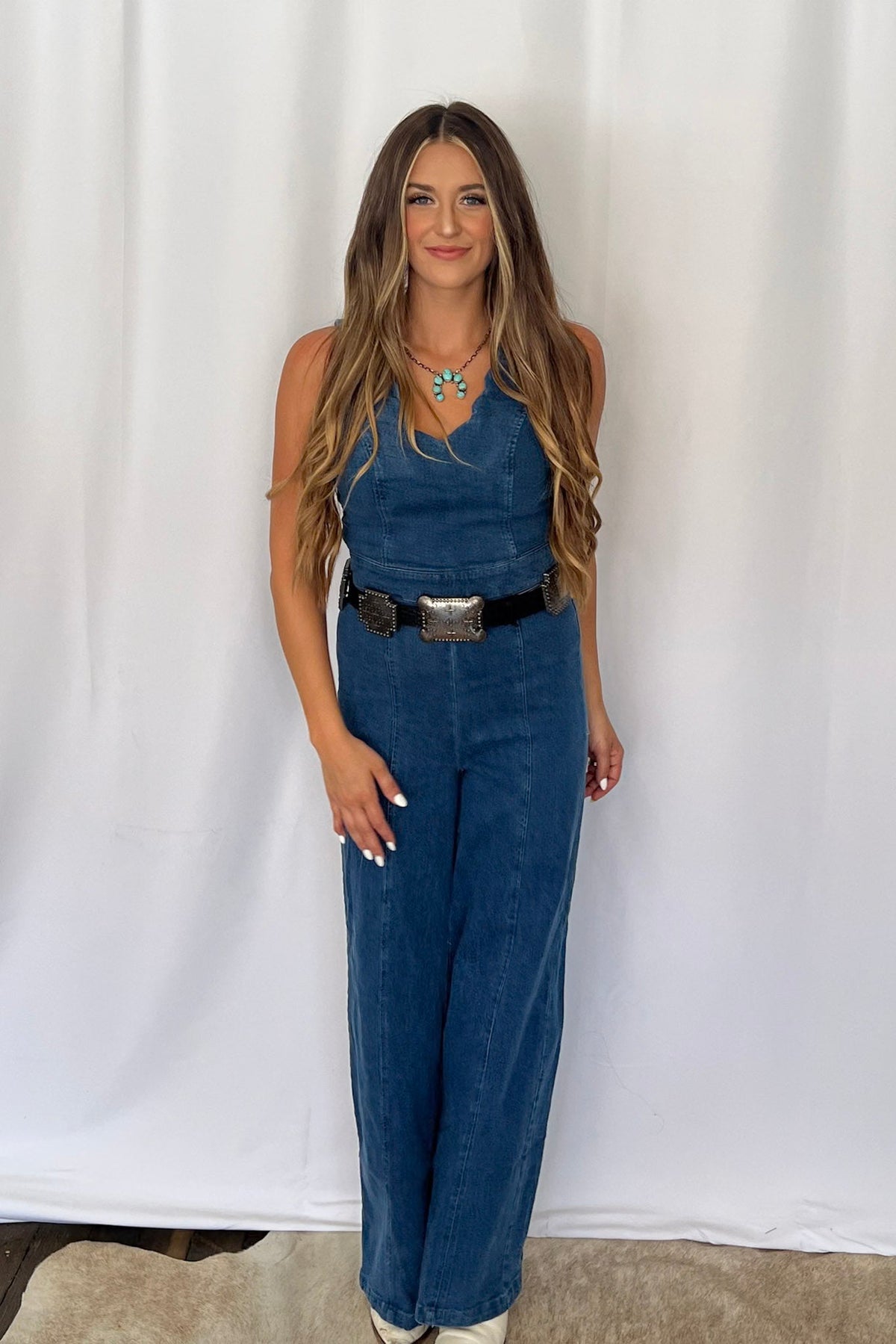 Rosie Scalloped Neckline Washed Denim Flying Tomato Western Jumpsuit — Wide-Leg with Banded Sash Belt & Back Zipper (small remains)