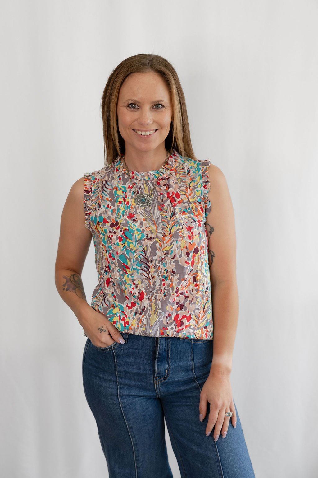 Lime n Chili Ruffle Mock Neck Sleeveless Western Top — Keyhole Back Detail