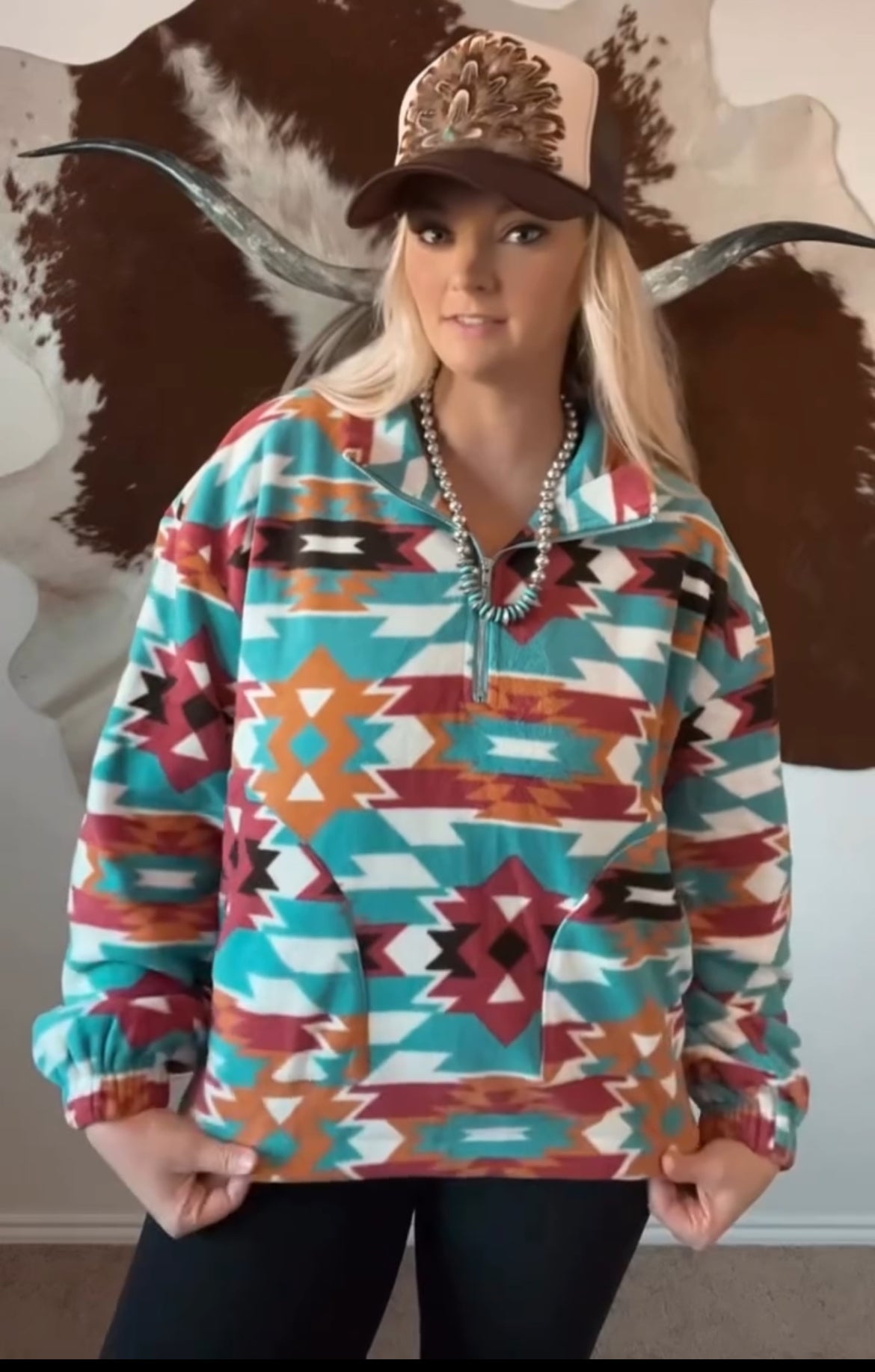 Santa Fe Aztec Sherpa Fleece Zip-Up Blue B Western Pullover Sweatshirt — Side Pocket with Adjustable Toggle Cords