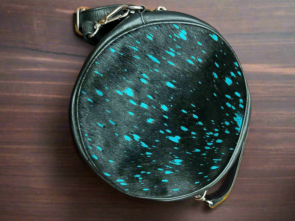 Small Cowhide Canteen Crossbody Bag — Black & Turquoise Metallic Cowhide (9" Round)