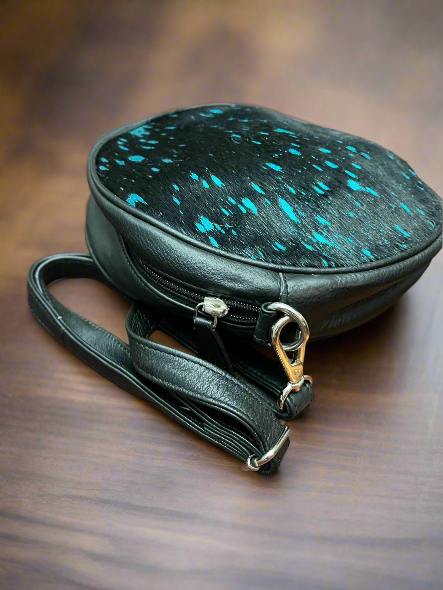 Small Cowhide Canteen Crossbody Bag — Black & Turquoise Metallic Cowhide (9" Round)