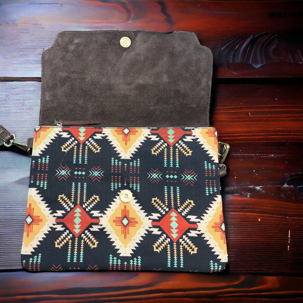 Sterling Kreek "South Point" Tooled Real Leather Crossbody Bag — Black Aztec Western Statement