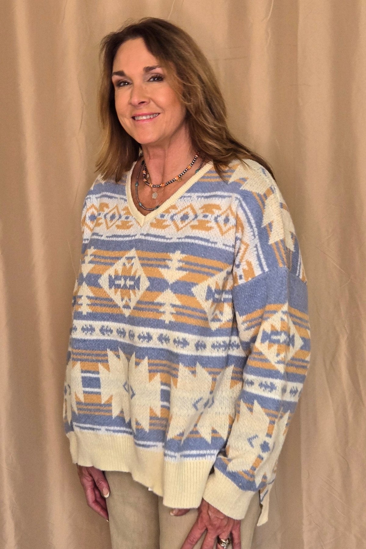 Southwestern Knit Sweater — Oversized V-Neck
