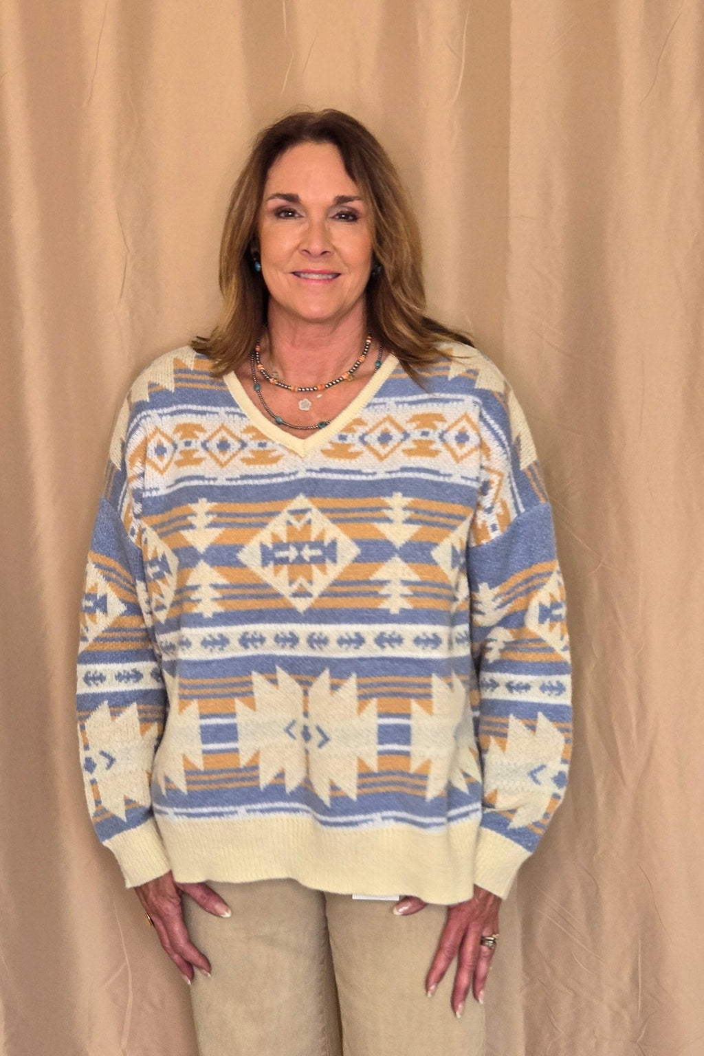 Southwestern Knit Sweater — Oversized V-Neck