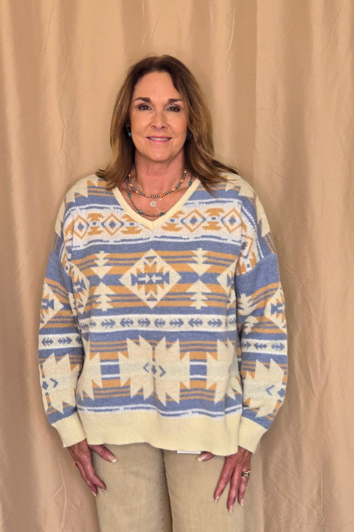 Southwestern Knit Sweater — Oversized V-Neck