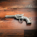 Sterling Silver 3D Pistol Charm/Pendant — Cowboy Six-Shooter with Woodgrain Grips, Oxidized for Detail
