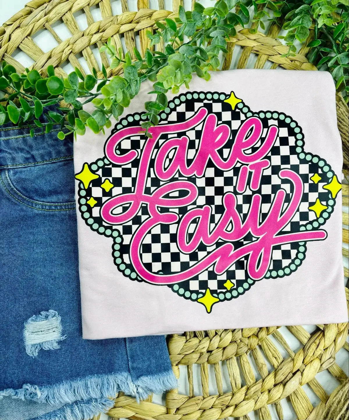 "Take It Easy" Western Graphic Tee — Pale Pink Tultex Soft Style with DTF Print