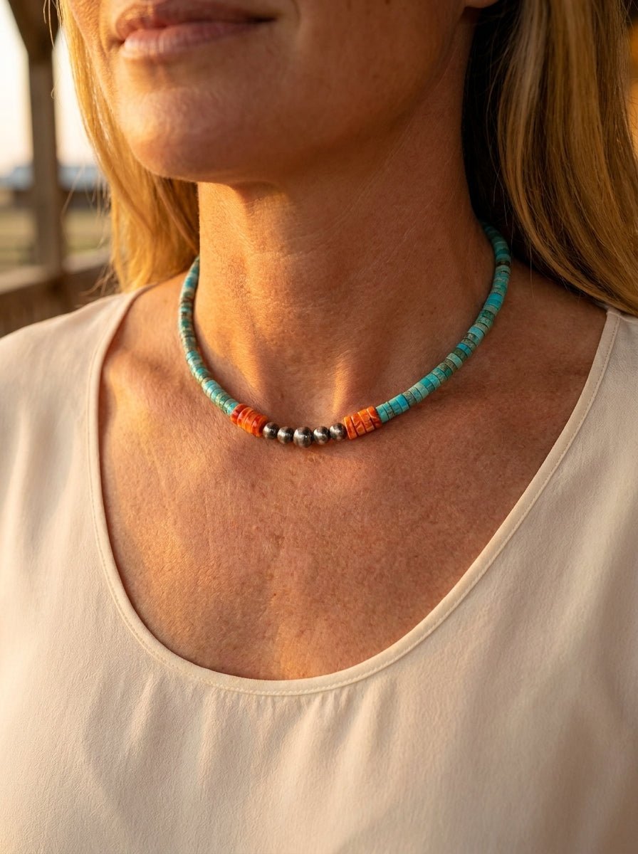 The Vibrant Choker — Spiny Oyster, Variscite Turquoise & Sterling Pearl — 14 inch (with 3 inch extender)