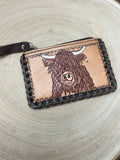 Tooled Leather & Cowhide Coin & Card Purse — Highland Cow Hair-on-Hide Theme (5" x 3")