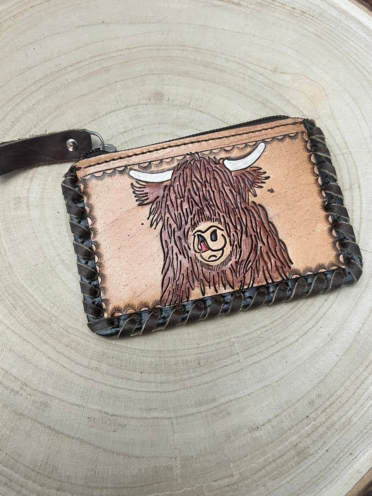 Tooled Leather & Cowhide Coin & Card Purse — Highland Cow Hair-on-Hide Theme (5" x 3")