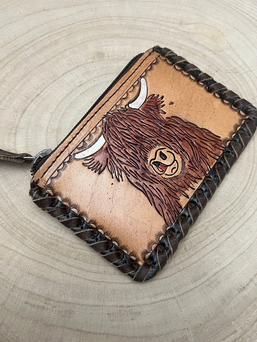 Tooled Leather & Cowhide Coin & Card Purse — Highland Cow Hair-on-Hide Theme (5" x 3")