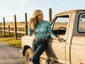 Lucky & Blessed Turquoise Aztec Print Long Sleeve Mesh Western Top