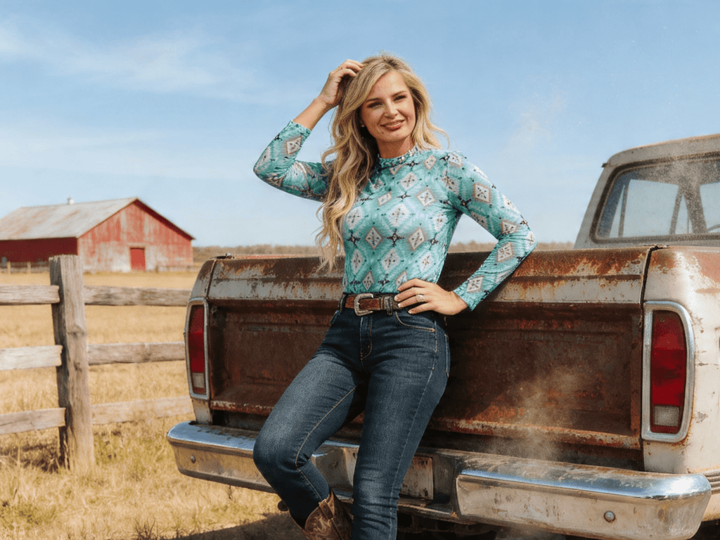 Lucky & Blessed Turquoise Aztec Print Long Sleeve Mesh Western Top