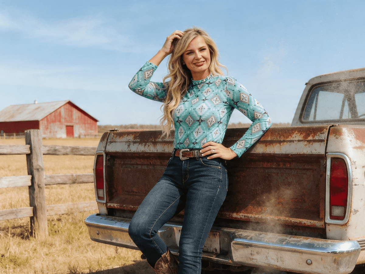 Lucky & Blessed Turquoise Aztec Print Long Sleeve Mesh Western Top