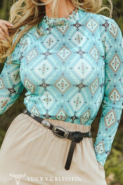 Lucky & Blessed Turquoise Aztec Print Long Sleeve Mesh Western Top