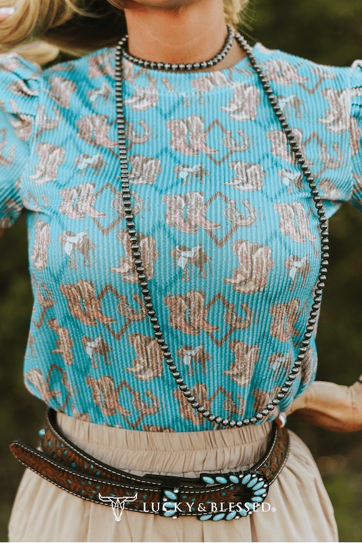 Lucky & Blessed Turquoise Boots Print Puff Short Sleeve Western Top — Iconic Western Boot Print Cowgirl Statement