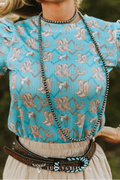 Lucky & Blessed Turquoise Boots Print Puff Short Sleeve Western Top — Iconic Western Boot Print Cowgirl Statement