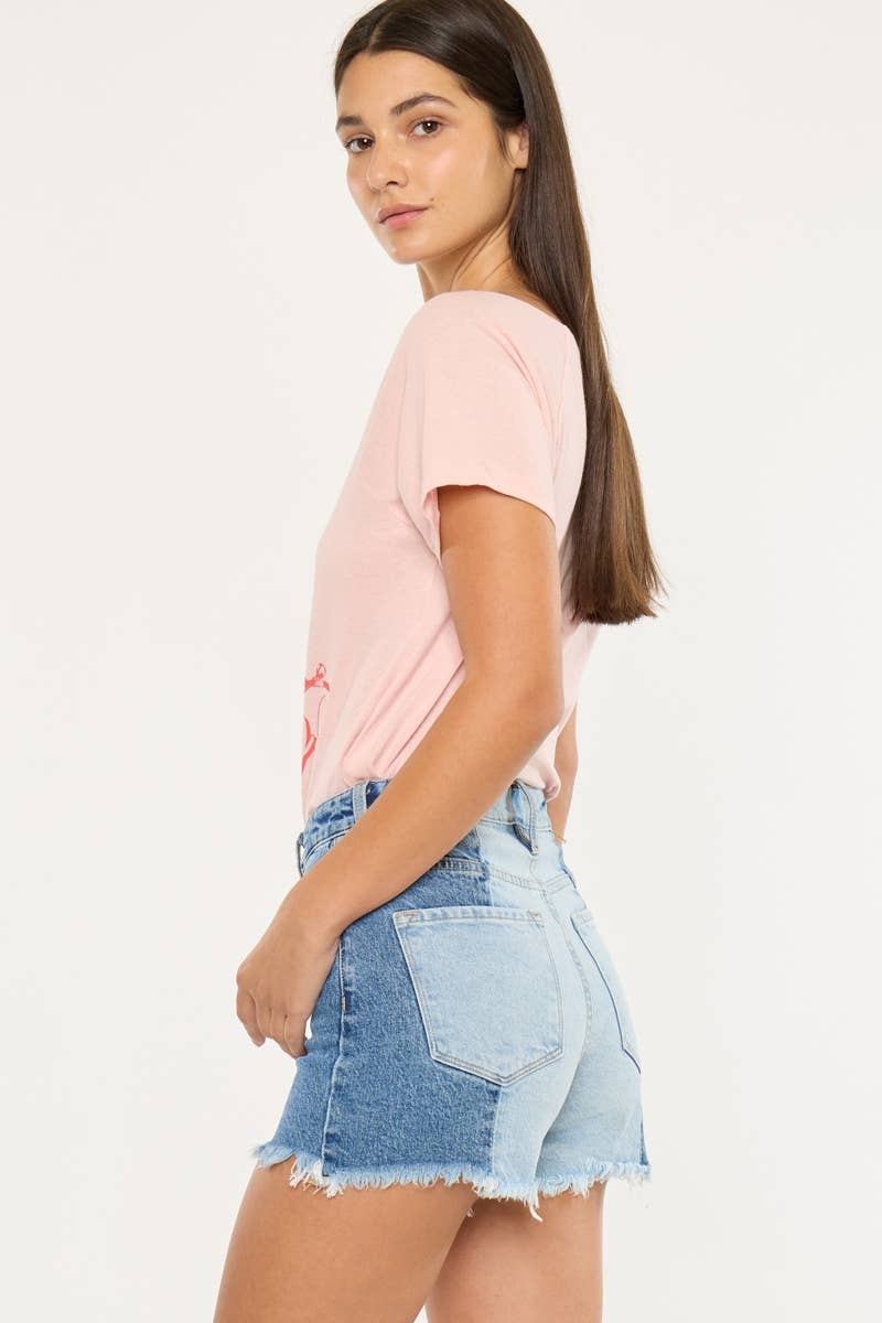 Kan Can Two-Tone Ultra High-Rise Western Denim Shorts — 11" Rise with Raw Frayed Hem - medium and larges remain