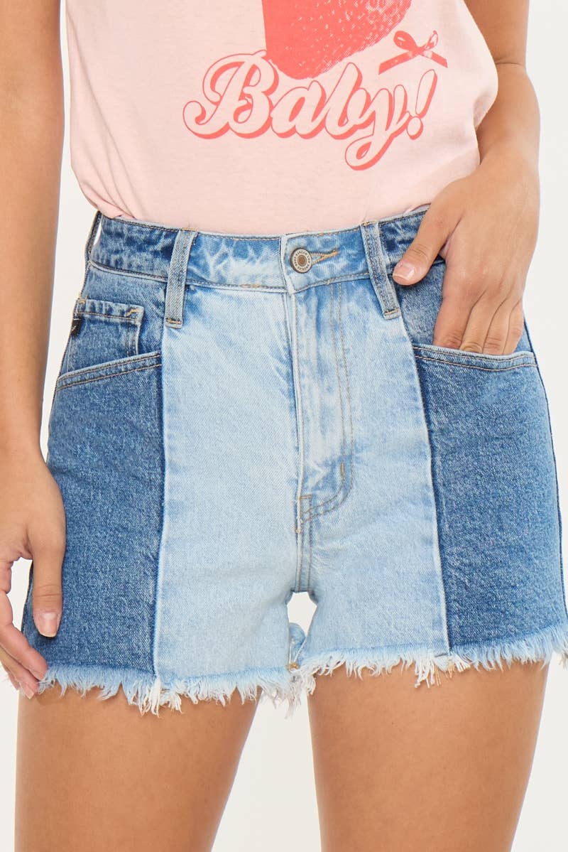 Kan Can Two-Tone Ultra High-Rise Western Denim Shorts — 11" Rise with Raw Frayed Hem - medium and larges remain