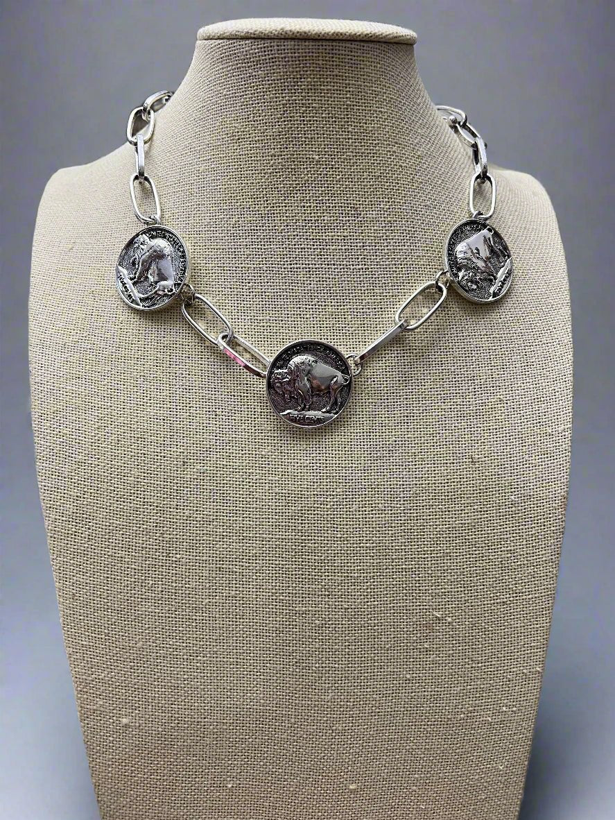 Rustic Buffalo Coin Choker & Earring Set — Burnished Silver Western Jewelry Duo