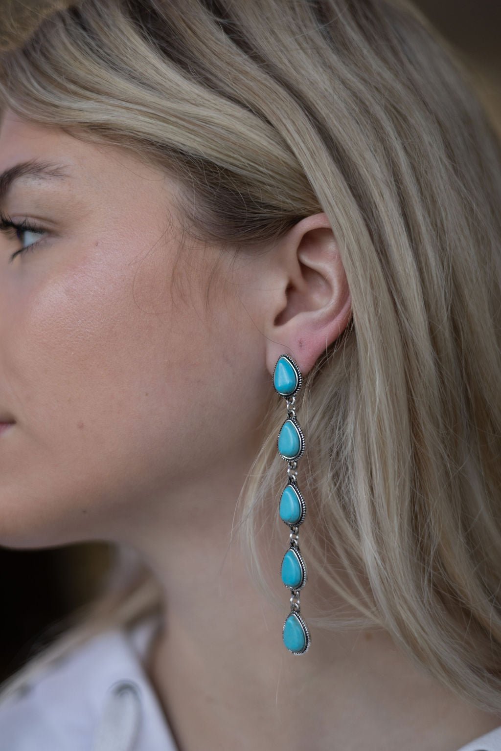 5-Teardrop Faux Turquoise Dangle Earrings — Bold 3½" Statement Drop