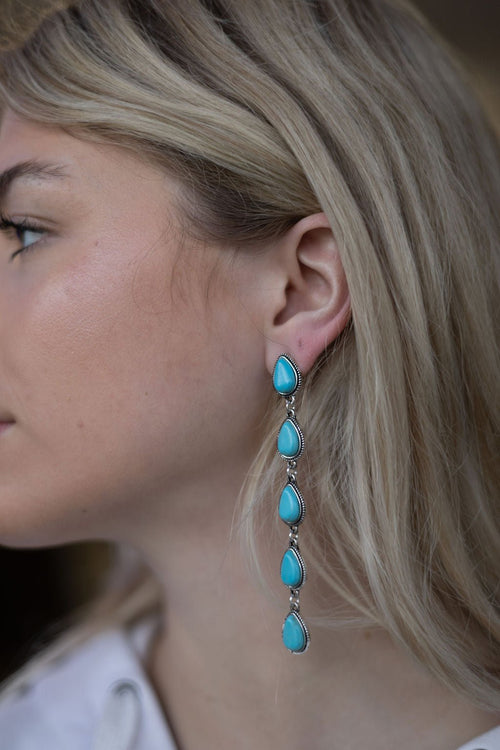 5-Teardrop Faux Turquoise Dangle Earrings — Bold 3½" Statement Drop