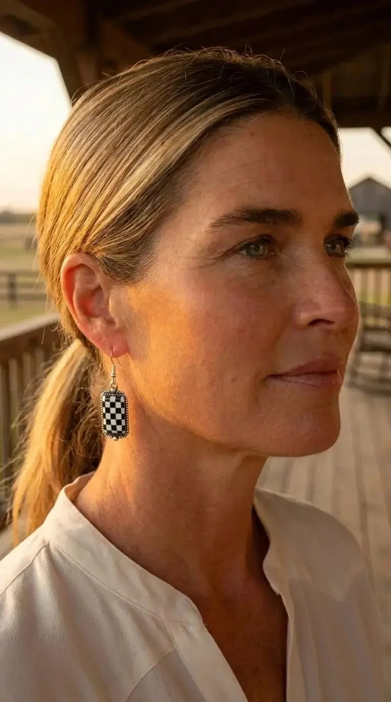 Black & White Checkered Rectangle Earrings — 1½" Drop