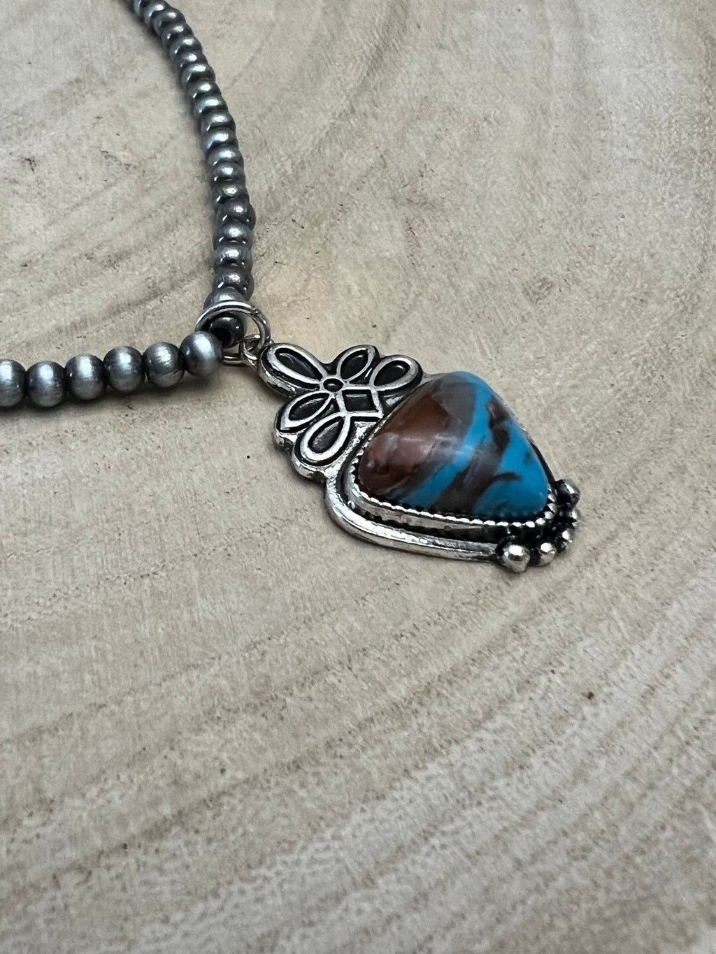 Boot Stitch Pendant Pearl Necklace with Faux Turquoise — 18 Inch