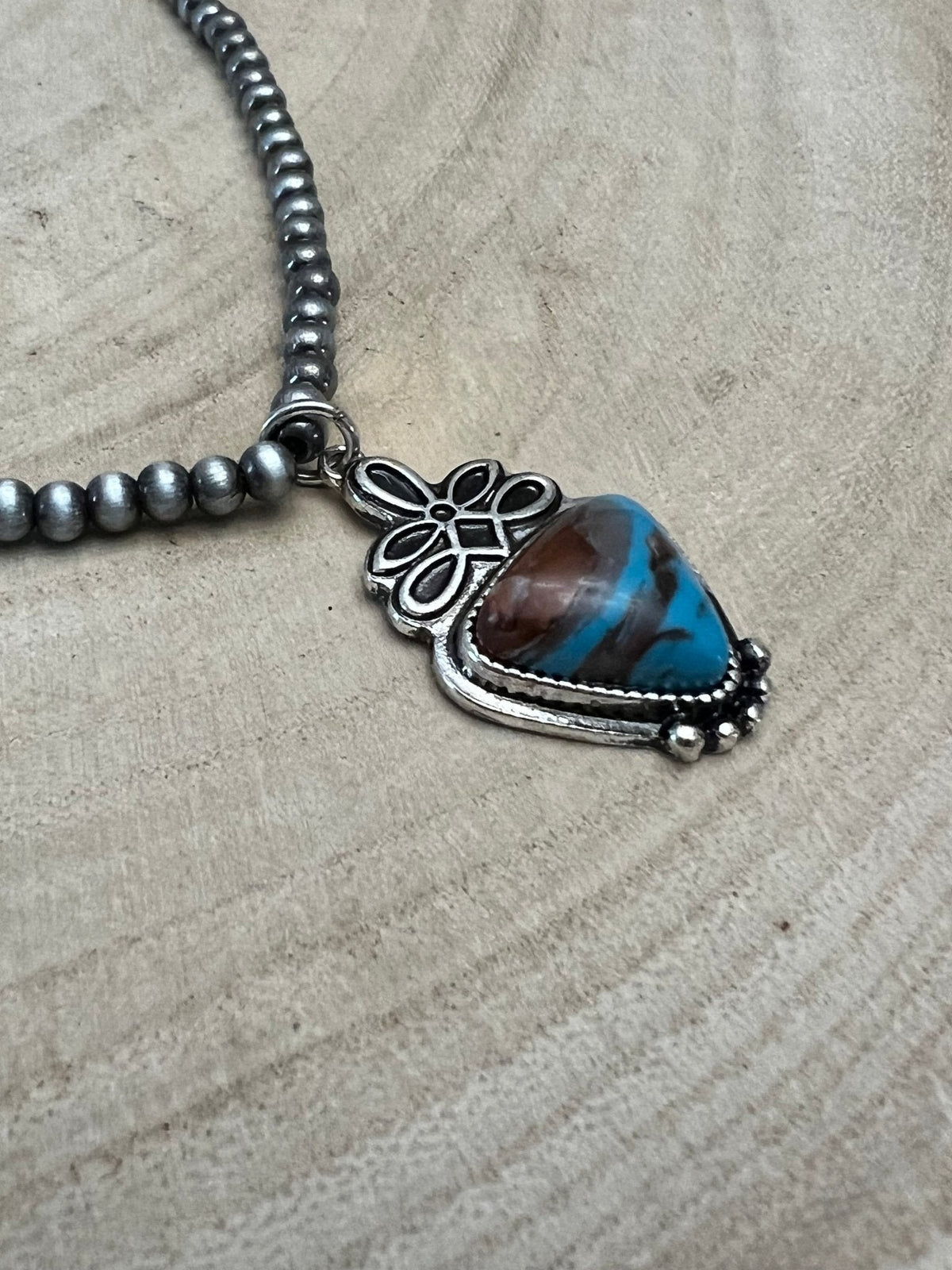 Boot Stitch Pendant Pearl Necklace with Faux Turquoise — 18 Inch
