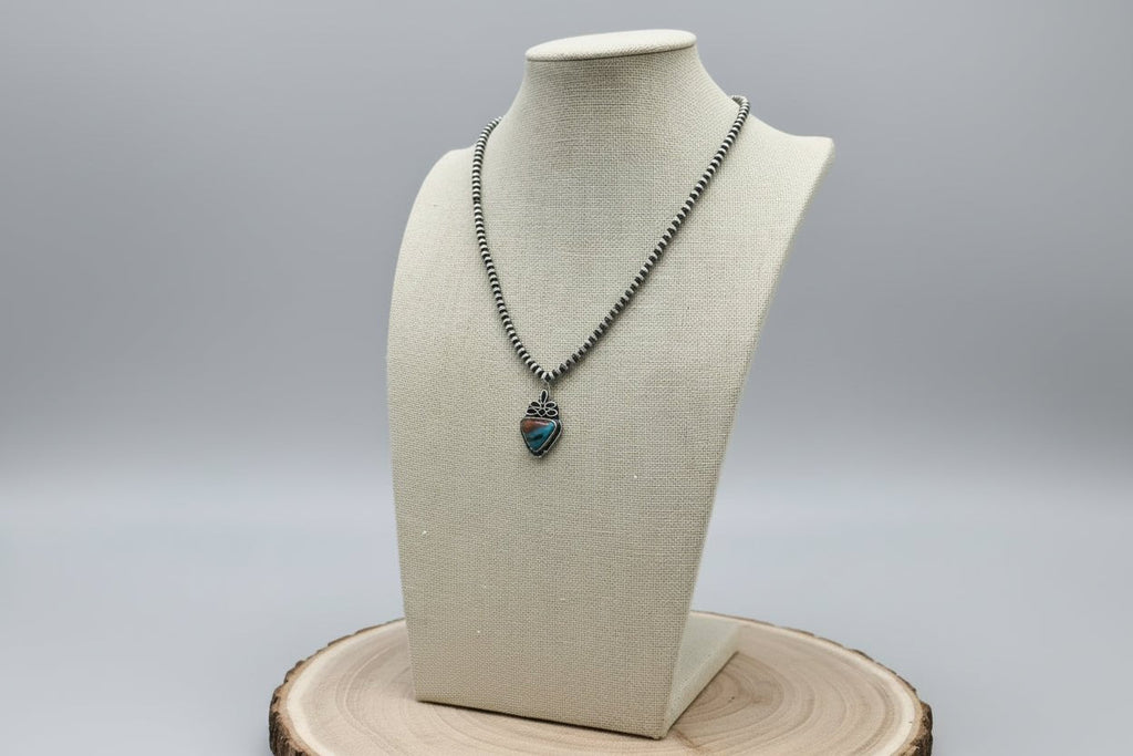 Boot Stitch Pendant Pearl Necklace with Faux Turquoise — 18 Inch