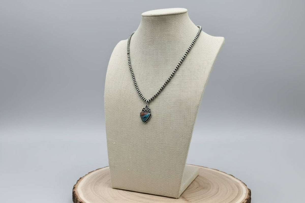 Boot Stitch Pendant Pearl Necklace with Faux Turquoise — 18 Inch