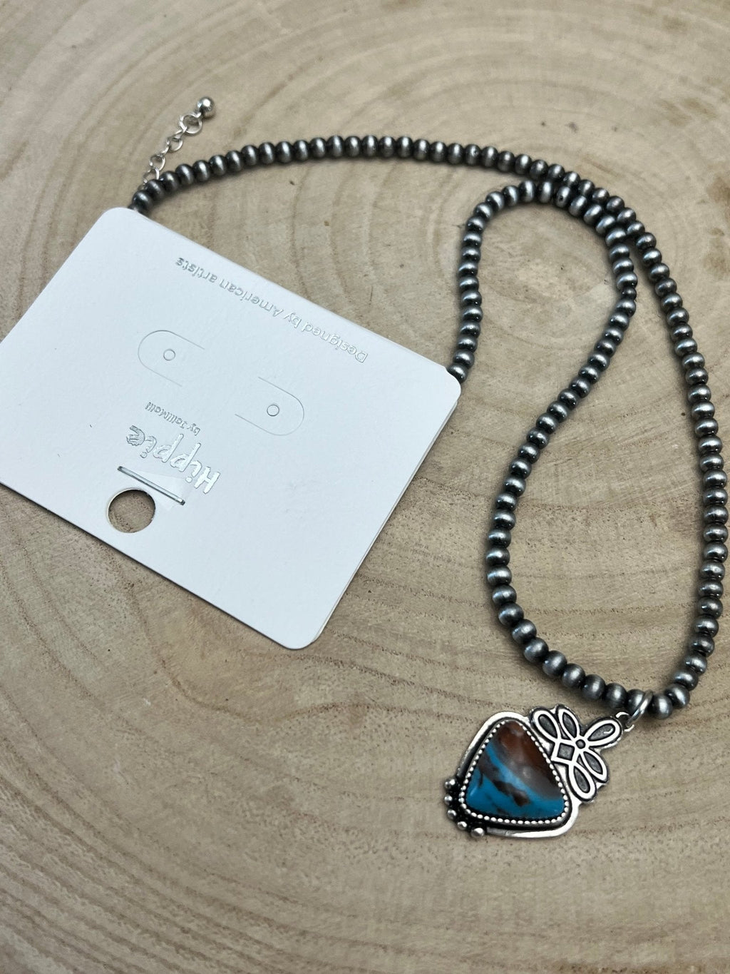 Boot Stitch Pendant Pearl Necklace with Faux Turquoise — 18 Inch