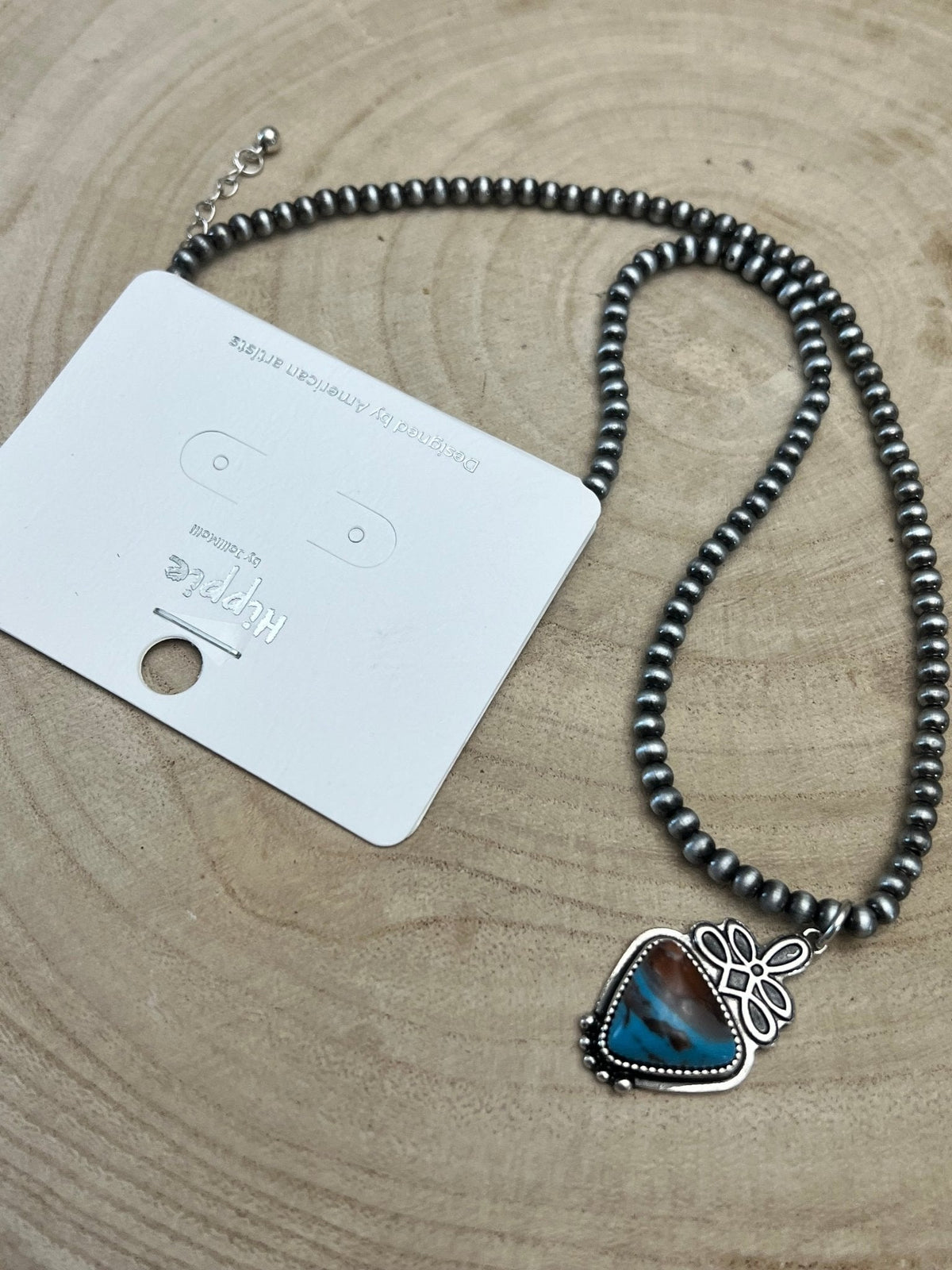 Boot Stitch Pendant Pearl Necklace with Faux Turquoise — 18 Inch
