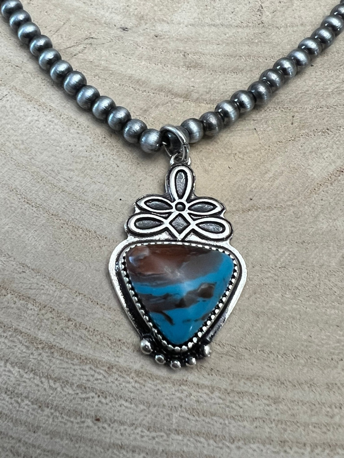 Boot Stitch Pendant Pearl Necklace with Faux Turquoise — 18 Inch