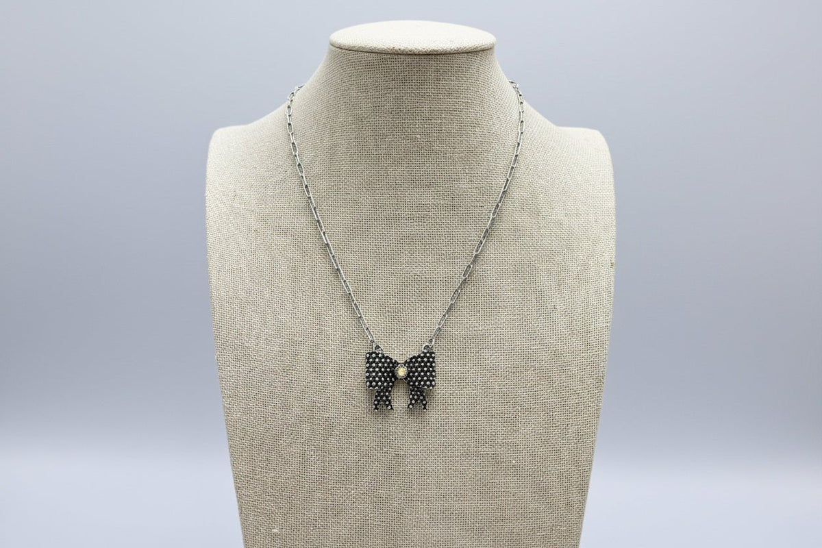 Western Bow Rhinestone Ribbon Necklace — Paperclip Chain with Western Pattern Ribbon (18 Inch)