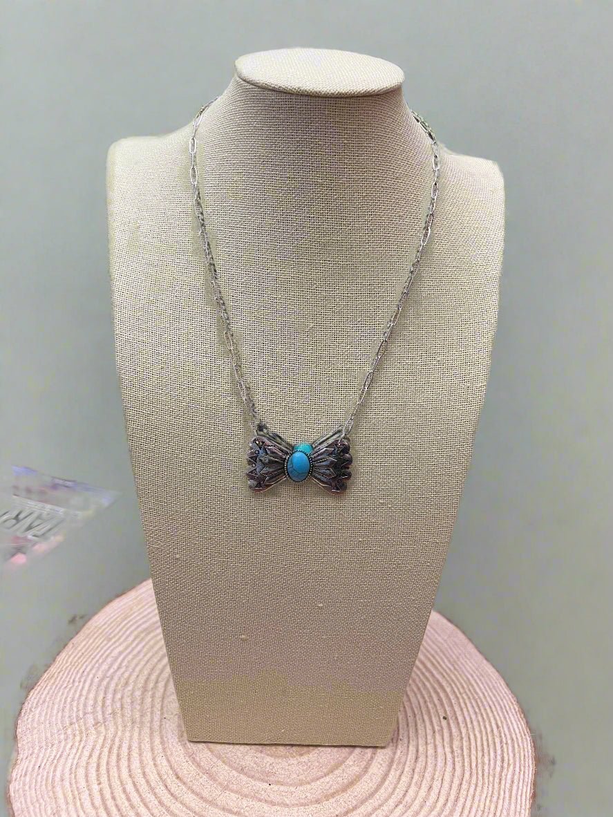 Bowtie & Faux Turquoise Necklace — 18 Inch with Extender