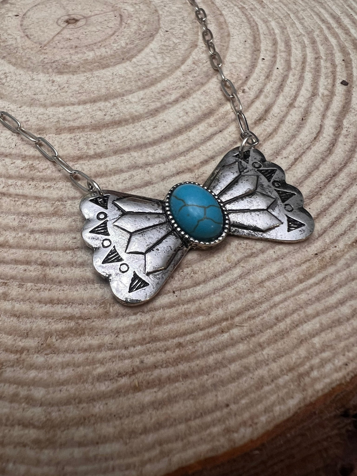 Bowtie & Faux Turquoise Necklace — 18 Inch with Extender
