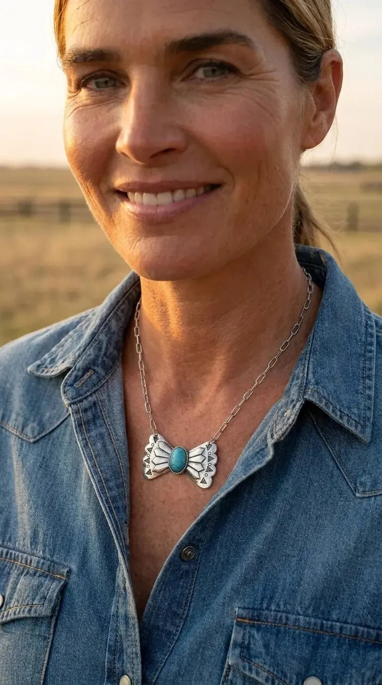 Bowtie & Faux Turquoise Necklace — 18 Inch with Extender