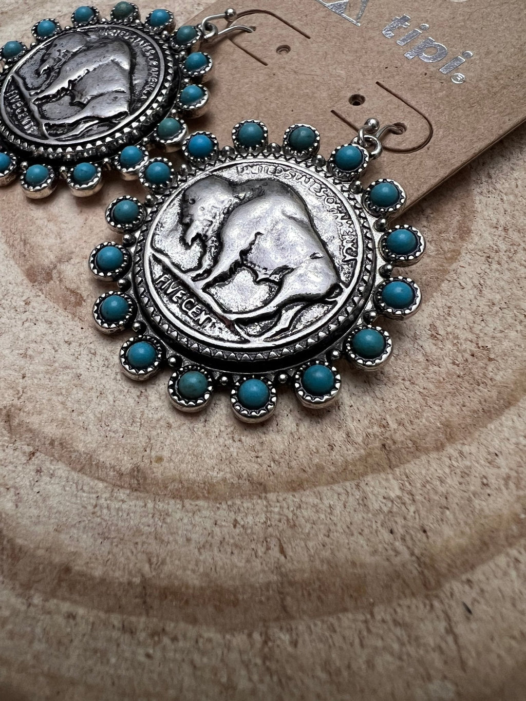 Buffalo Coin Dangle Earrings with Faux Turquoise — Statement Drop