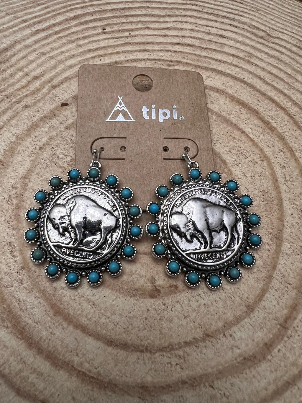 Buffalo Coin Dangle Earrings with Faux Turquoise — Statement Drop