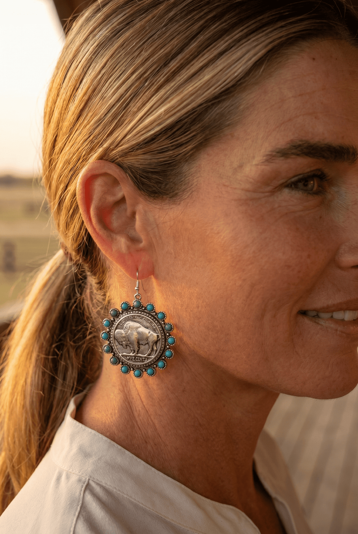 Buffalo Coin Dangle Earrings with Faux Turquoise — Statement Drop