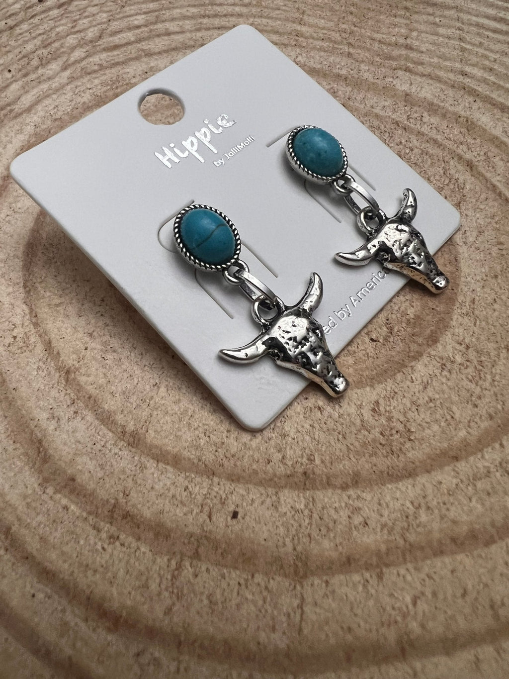 Western Bull Skull Dangle Earrings with Faux Turquoise — 1½" Drop