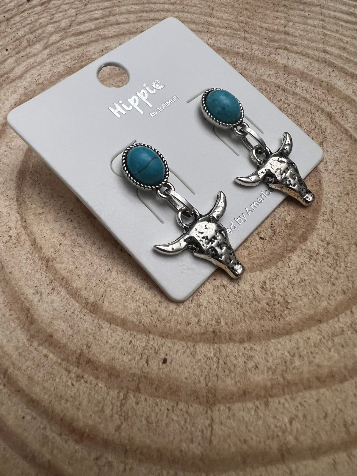 Western Bull Skull Dangle Earrings with Faux Turquoise — 1½" Drop