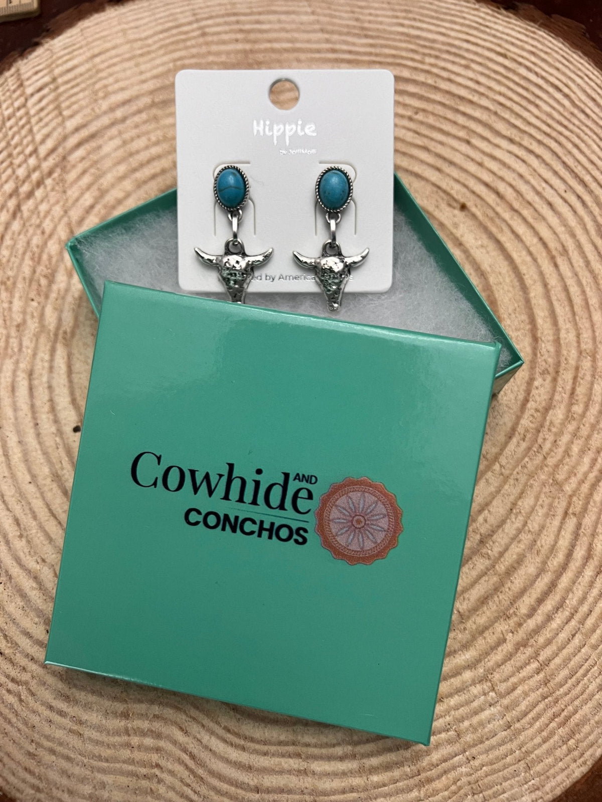 Western Bull Skull Dangle Earrings with Faux Turquoise — 1½" Drop