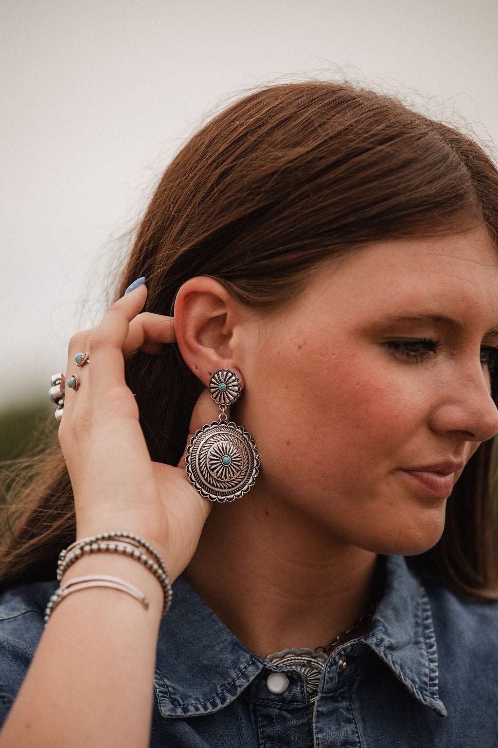 Concho Dangle Earrings with Faux Turquoise — 2½" Drop