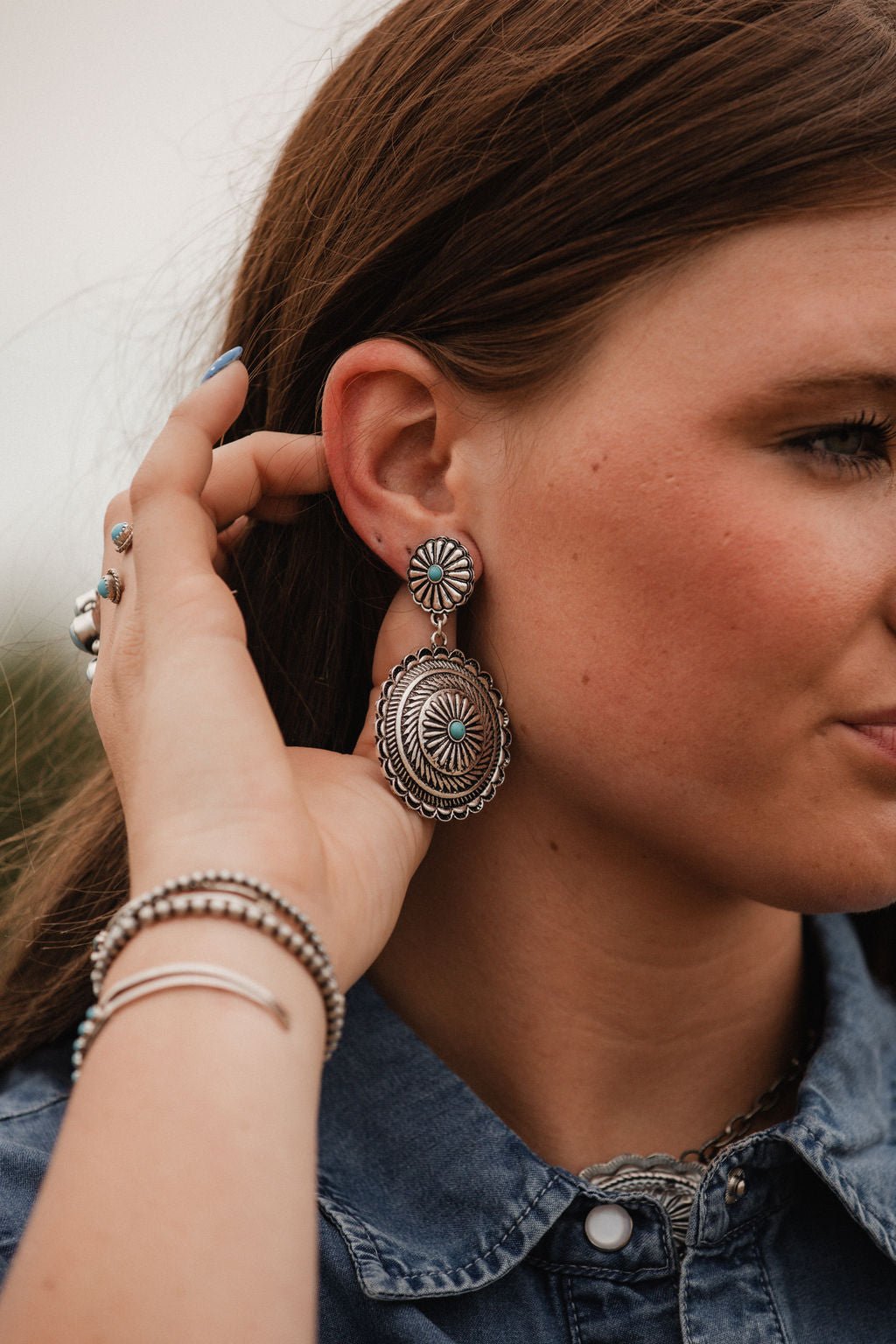 Concho Dangle Earrings with Faux Turquoise — 2½" Drop